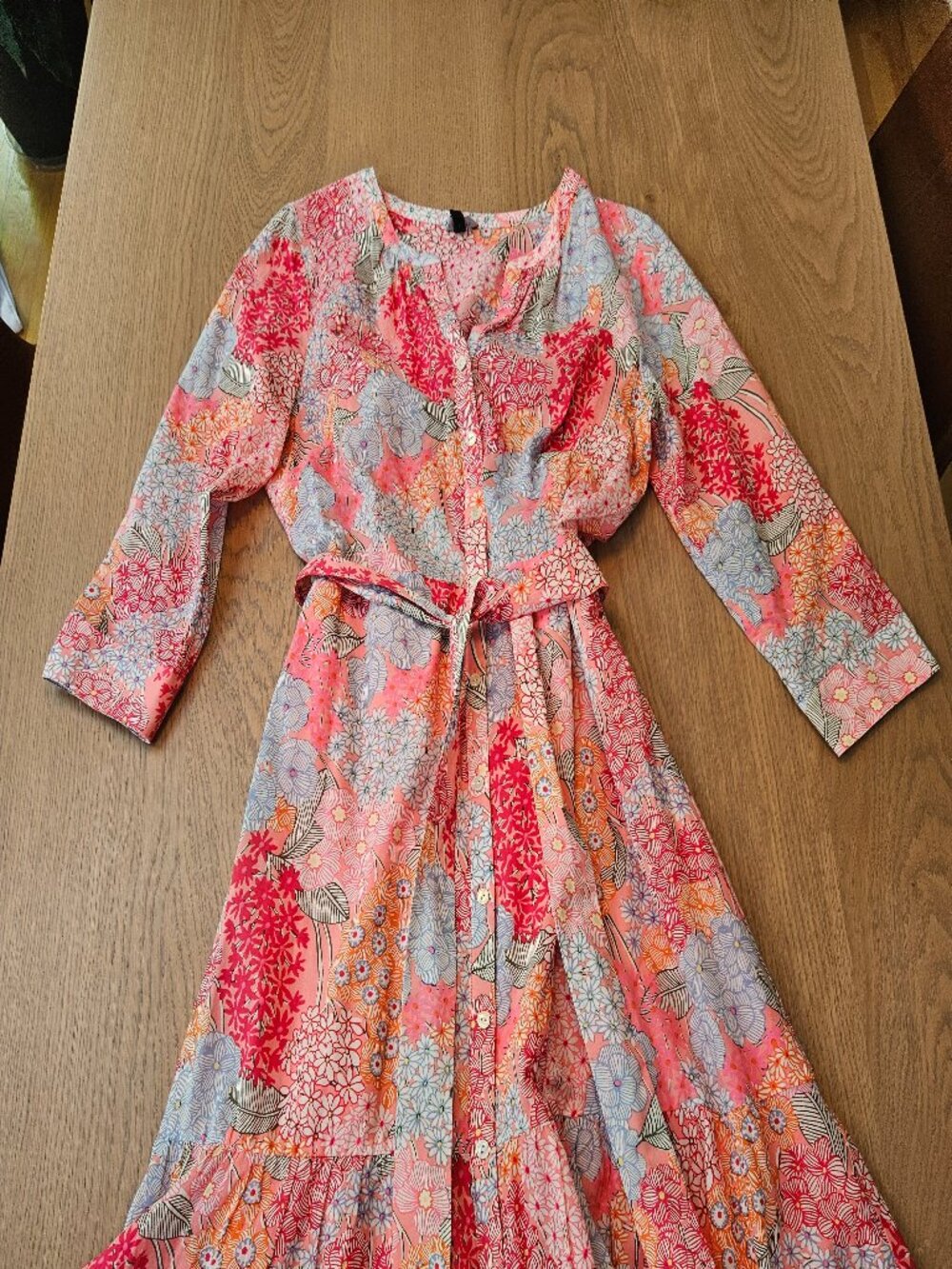 Talbots Petite 8P Pink Floral Cotton Midi Dress Tiered Belted Long Sleeve